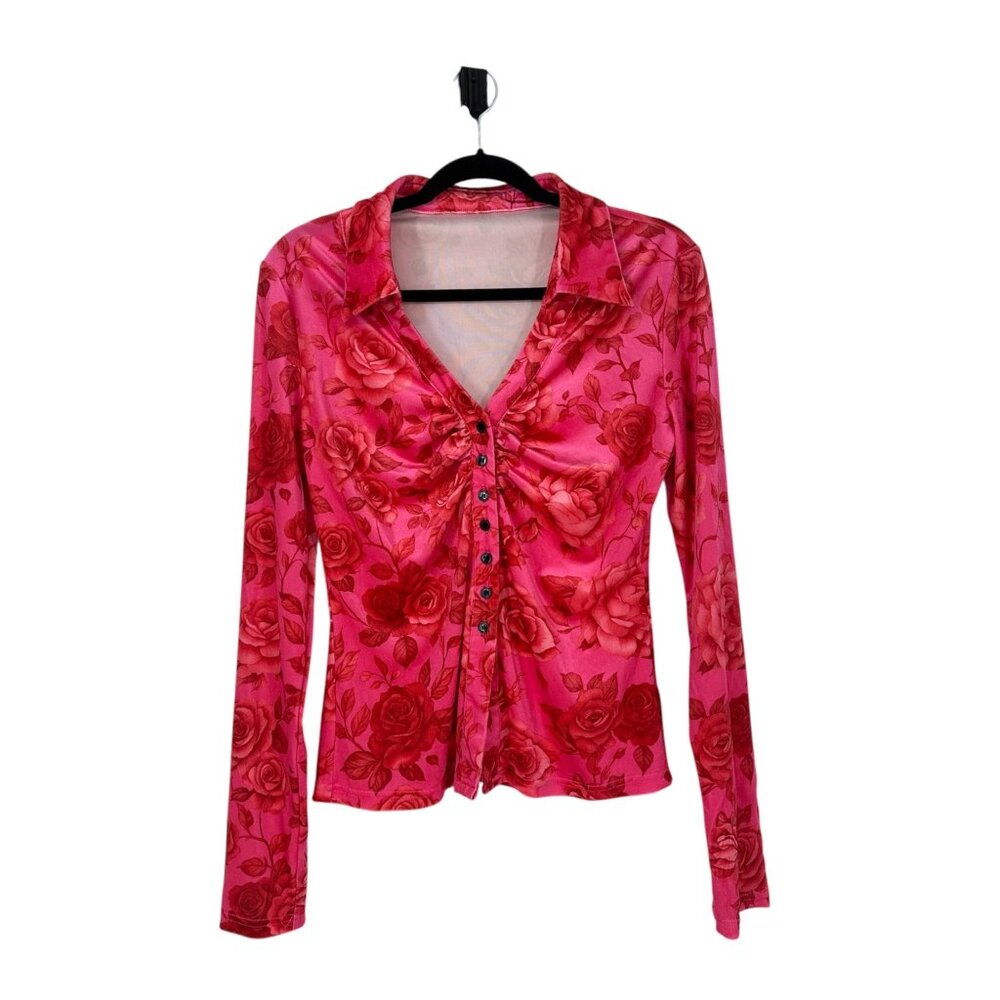 NWT Y2K Pink Rose Floral Ruched Peplum Blouse Coquette L 🌹 - Picture 3 of 7